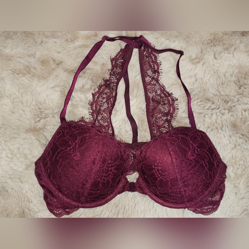Victoria's Secret Very Sexy Push Up Burgundy Lace Rhinestone Racerback Bra 32B